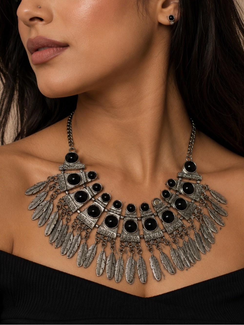 Silver-Tone Black Stone Fringe Bib Necklace
